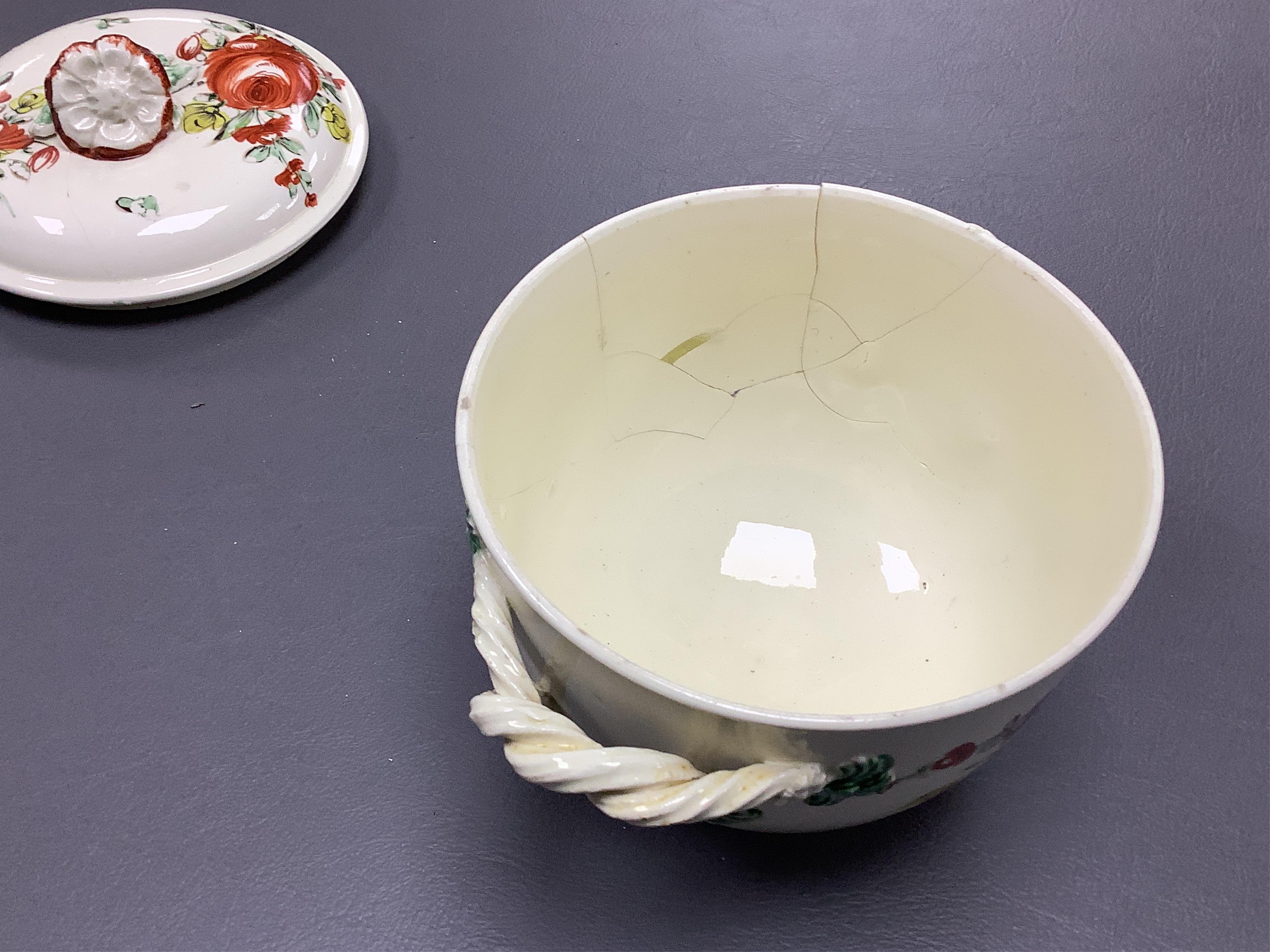 Two George III creamware teapots and a lidded sugar bowl, c.1780, largest 20cm wide